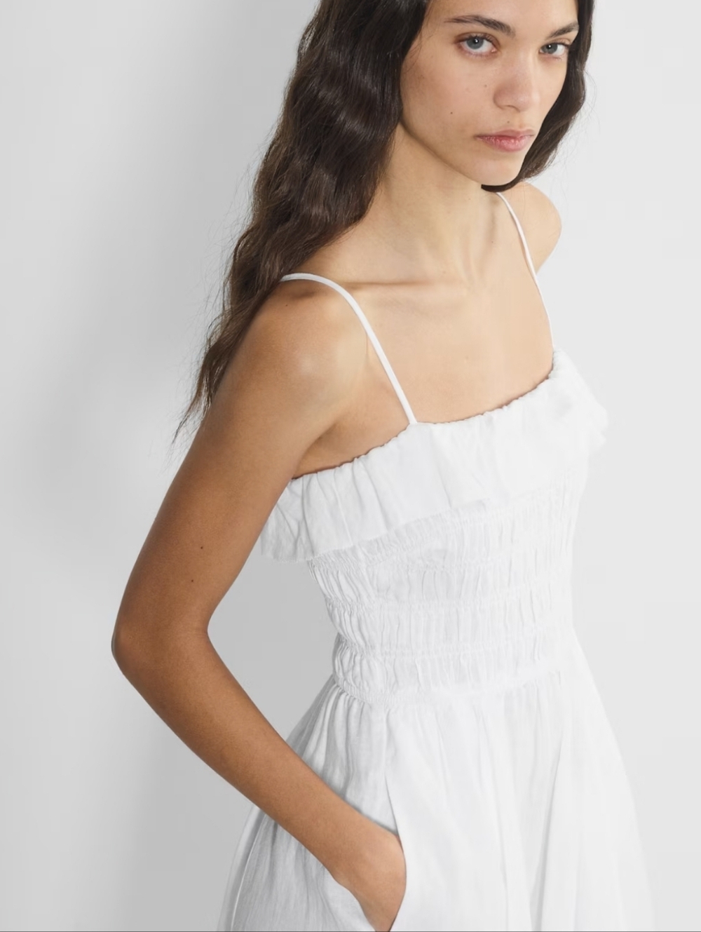 Aritzia Wilfred Midi Dress, NEW! Size M, White Linen, Smocking, Full Skirt - Picture 5 of 17